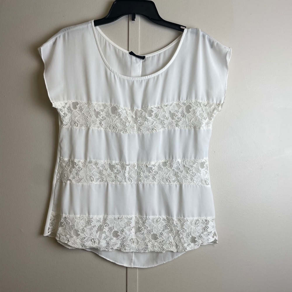 Mine Womens White Lace Panel‎ Button Back Cap Sleeve Blouse Top Small